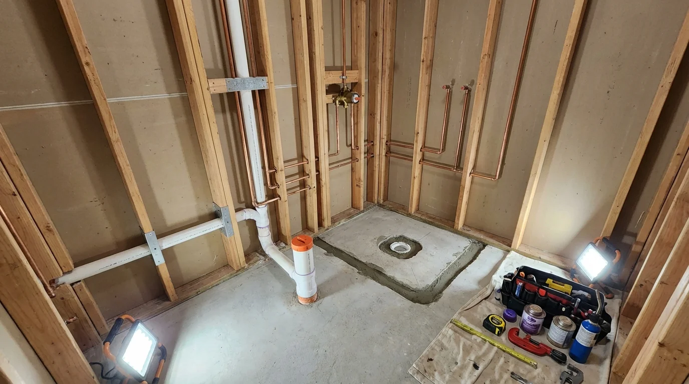 Bathroom rough-in plumbing during remodel by Johns Plumbing LLC in Tiffin