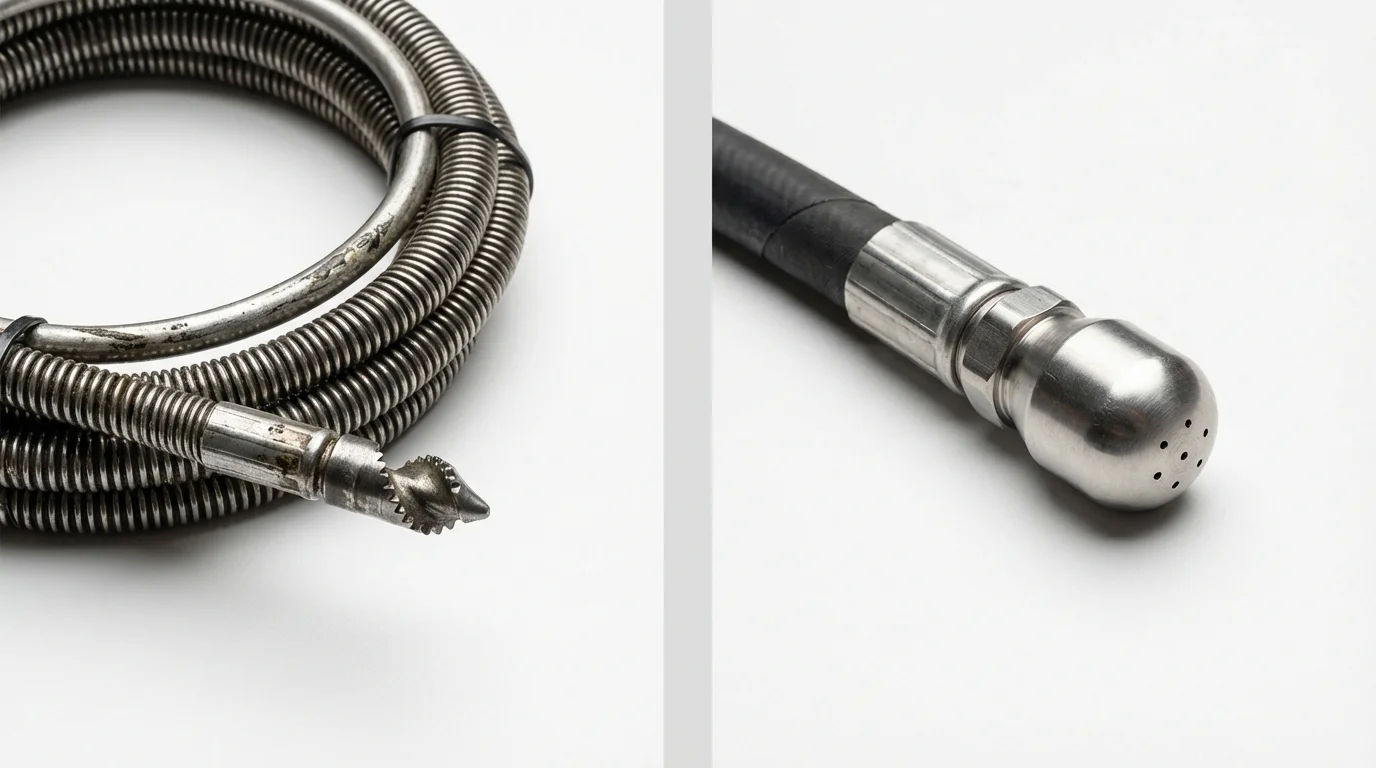 Drain snake cable and hydro jetting nozzle used for drain cleaning in Tiffin, IA