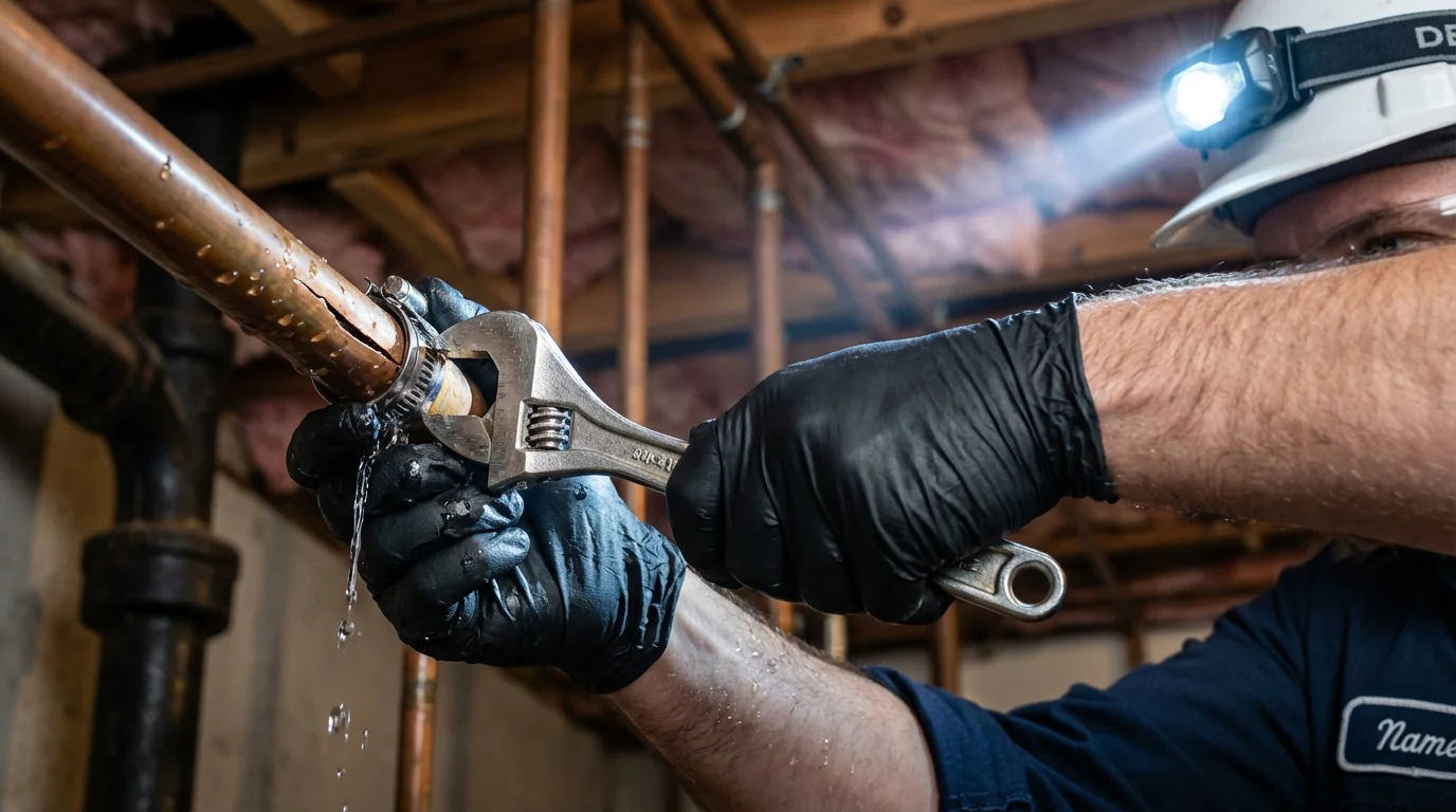 Emergency pipe clamp repair being performed by a Johns Plumbing LLC plumber in Tiffin