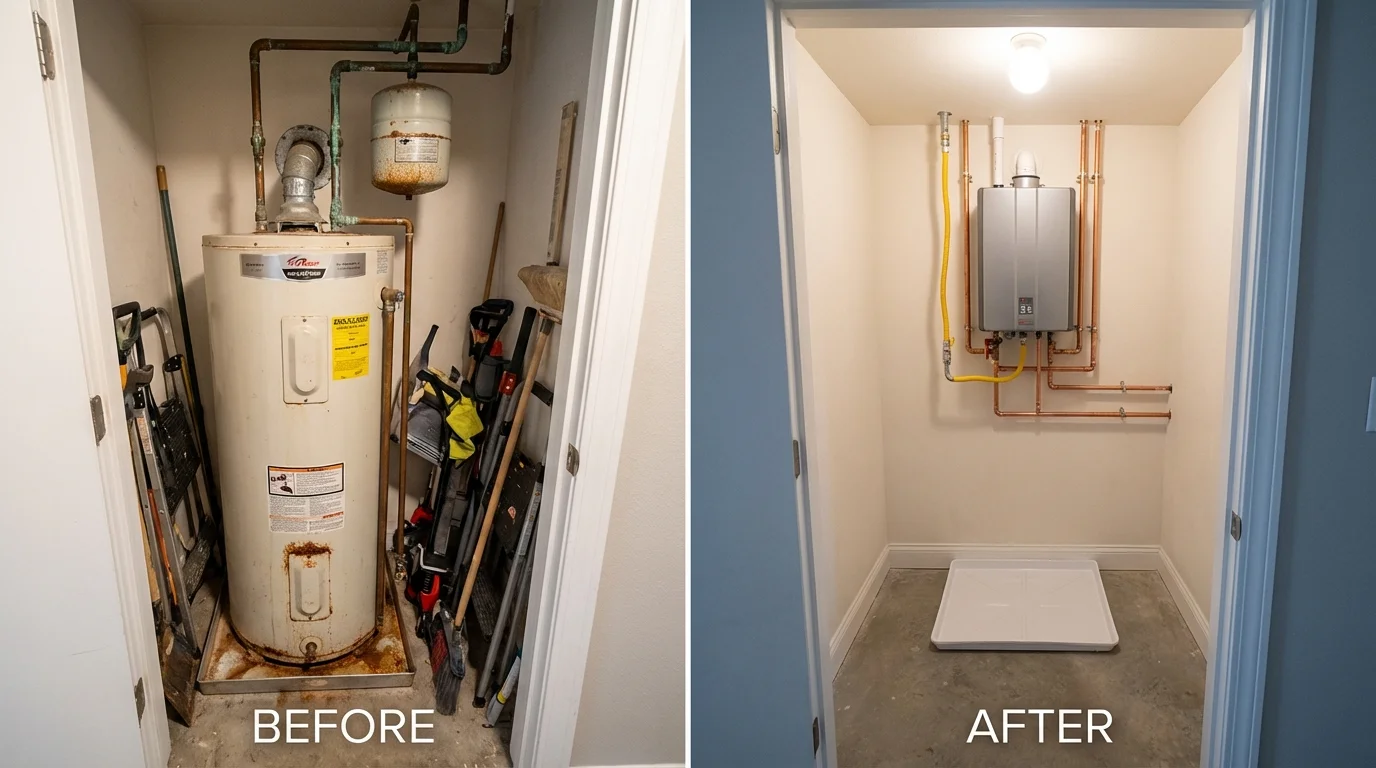 Tank water heater versus wall-mounted tankless unit comparison for Tiffin, IA homeowners