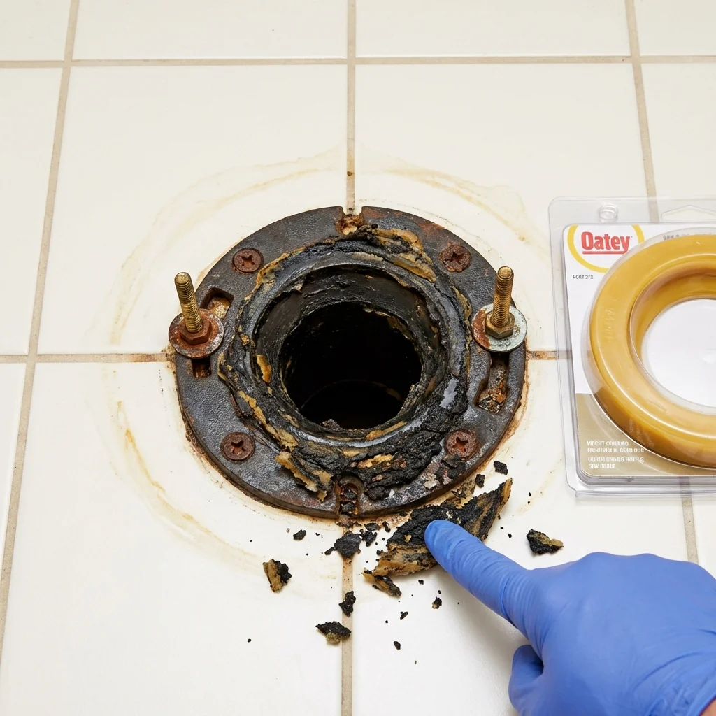 Failed wax ring showing water seepage at the base of a toilet in a Tiffin, IA home