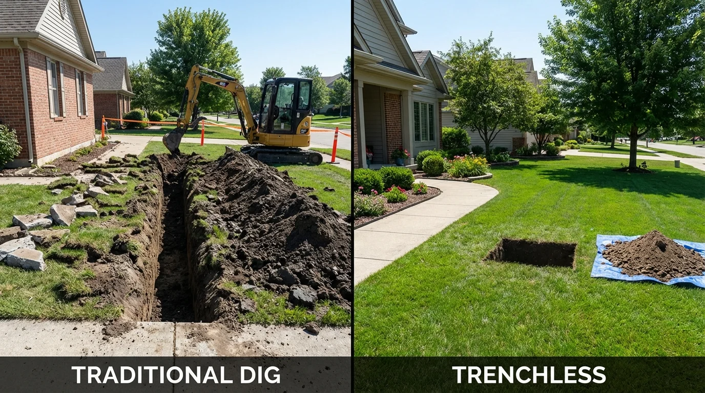 Trenchless sewer repair with minimal yard damage versus traditional excavation in Tiffin, IA